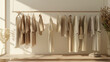 © ProstoSvet - Clothes on grunge background, shelf on cream background, Collection of clothes hanging on a rack in neutral beige colors, 3d rendering, store and bedroom concept