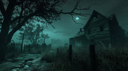 Canvas Print - A dark and eerie scene with a house in the background
