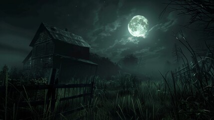 Wall Mural - A dark, moonlit night with a large, glowing moon in the sky