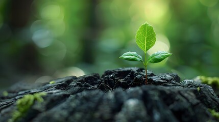 New plant growth emerging from a dead wood trunk, representing the power and rebirth of nature