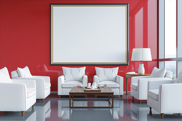 Wall Mural - Mockup canvas frame in a red waiting room for clients, featuring white armchairs and a coffee table