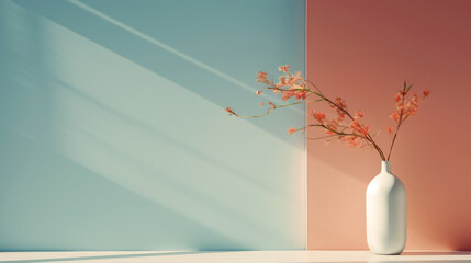 Poster - An elegant white vase with a single branch of pink flowers is placed in front of a split-colored wall of pastel blue and pink, casting serene shadows.
