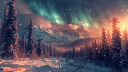 Nature Photography: High-definition image of a densely wooded snowy forest illuminated by Northern Lights in vibrant purple and green hues