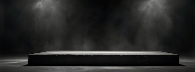 Podium black dark smoke background abstract stage texture fog spotlight Dark black floor podium dramatic empty night room table concrete wall scene place display studio smoky dust