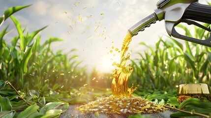 Harvested corn crop being processed for biofuel production in agricultural field with green plants