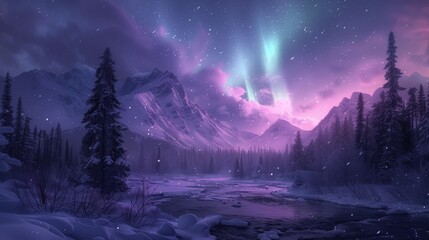 Nature Photography: High-definition image of a densely wooded snowy forest illuminated by Northern Lights in vibrant purple and green hues