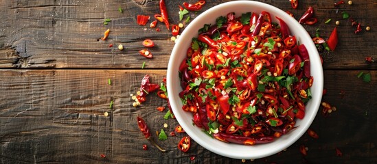 Wall Mural - Bowl of Chopped Red Chili Peppers with Parsley