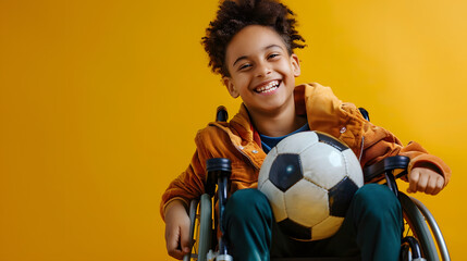 attractive child with white teeth in wheelchair holding football ball in knees, isolated on color background,
