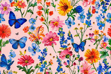 Canvas Print - Vivid and colorful floral pattern with butterflies, showcasing a mix of flowers in bright and bold colors on a light background.