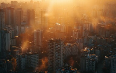 Poster - The city is lit up with the sun shining through the buildings