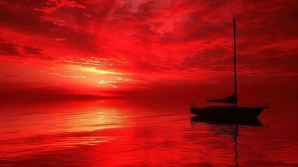 Wall Mural - boat sihouette, on the water, red sky
