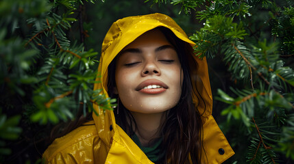 Poster - Serene Woman Enjoying Nature's Beauty Tongue Out in Yellow Raincoat in the Enchanted Forest