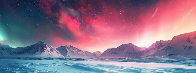 Wall Mural - red Aurora Borealis over Snow covered Terrain. Beautiful Northern Lights