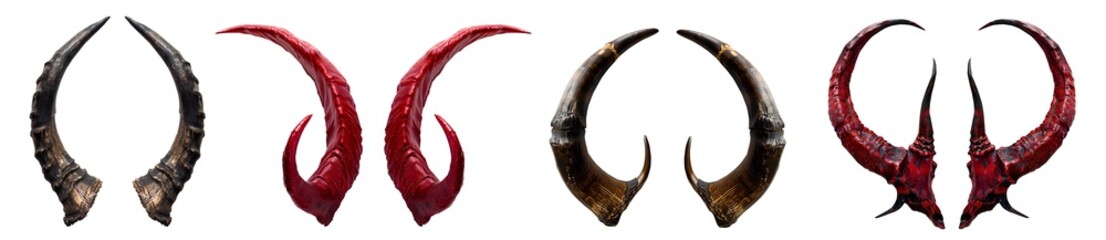 set of devil demon satan horn on transparent background cutout. png file. many different pair of des