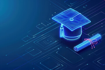 Digital illustration of a graduation cap and diploma on a tech-inspired background, symbolizing education and achievement in the modern era.