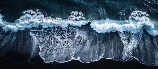 Poster - Aerial View of Waves Breaking on a Black Sand Beach