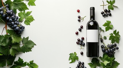 Bottle of red wine with ripe grapes and vine leaves on white background. Copy space, top view