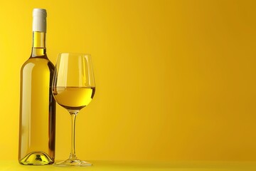 Sticker - Bottle of white wine and glass on yellow background