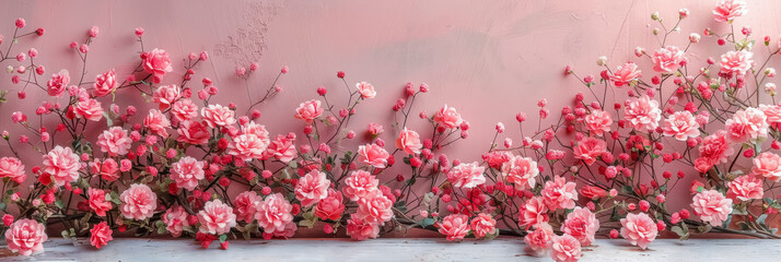 Wall Mural - Pink flowers decoration on pink background. Greeting card, banner