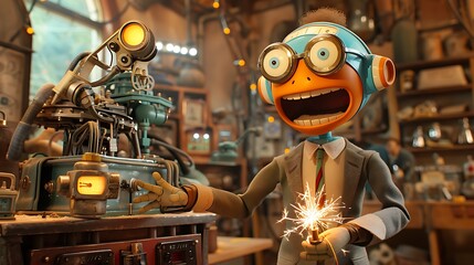 A wacky inventor's workshop overflowing with fantastical contraptions. A surprised-looking character in classic American cartoon style stumbles upon a grinning European-style imp tinkering with a