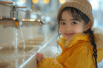 Wall Mural - girl playing with water at bathroom