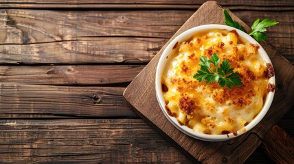 Wall Mural - Baked macaroni and cheese with parsley garnish on wooden table