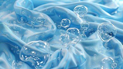 Water bubble cleanse Macro fabric fiber of cloth, 3d rendering. 3D empty water ball remove stain. Water bubble deep cleaning shirt