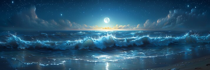 Moonlit beach with waves gently crashing onto the shore under a starry sky