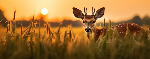 Wall Mural - Fawn in Golden Field at Sunset