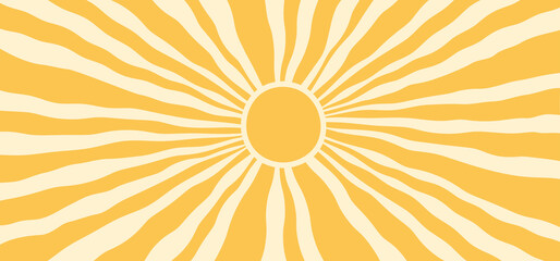 sun groovy background, summer retro radial burst, yellow graphic wavy. abstract trendy sunshine post