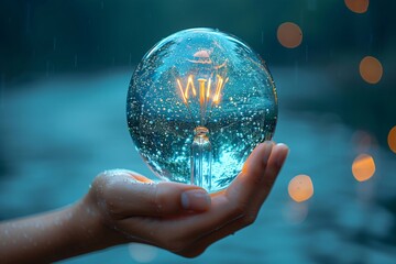 Wall Mural - Hand holding a glass sphere with a glowing lightbulb inside, water droplets clinging to the surface, with a blurred background of blue water and lights