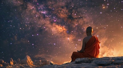 Poster - Buddhist monk observing the universe sitting in lotus position to do meditate, galaxy and stars fantasy background