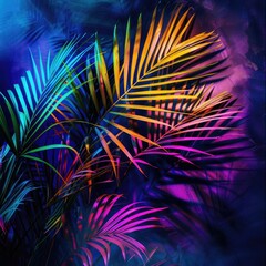 Wall Mural - Tropical palm leaves in neon light. Exotic fashionable background. A place for the text.