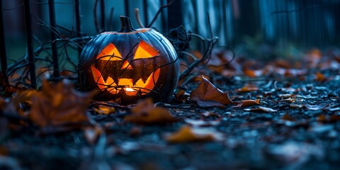 Wall Mural - A pumpkin with a scary face is sitting on the ground. The pumpkin is surrounded by leaves and has a light inside of it. The scene is set in a dark, eerie atmosphere, which is typical of Halloween