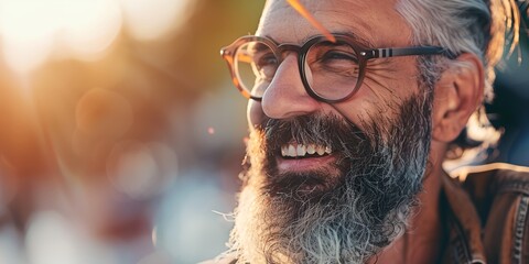 Wall Mural - A man with glasses and a beard is smiling. He is wearing a brown jacket. Concept of warmth and happiness