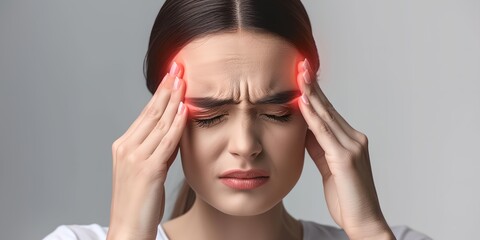 Wall Mural - A woman with red eyes and a headache. She is holding her head and rubbing her forehead. Concept of discomfort and pain