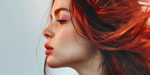 Wall Mural - A woman with red hair and red lipstick. She has a very long and thick red hair. The hair is styled in a way that it looks like it is flying