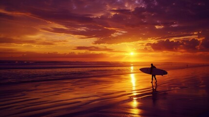 Surfer Walking on the Beach at Sunset - Generative AI