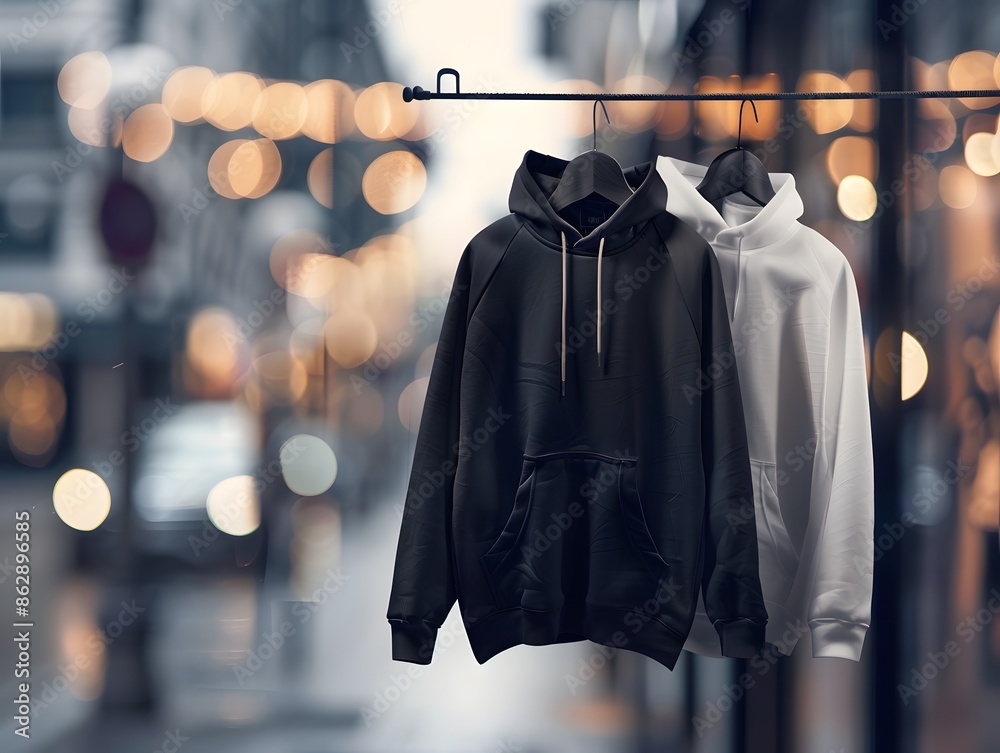 Hoddies On A Rack Black and white hoodies hanging on a clothes rack outside a store ...