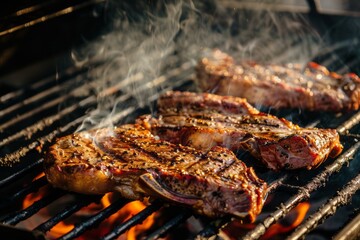 Poster - Steaks being cooked in close-up on a barbecue grill. Generative Ai