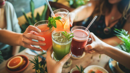 A group of friends toasting smoothie glasses at brunch in an eco-friendly café filled with indoor plants and natural wood furniture.