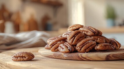 Wall Mural - Pile of pecans on a wooden board in a rustic kitchen setting.