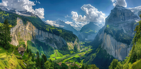 Wall Mural - A panoramic view of the Lauterbrunnen Valley in Switzerland, showcasing towering cliffs and lush greenery with snow-capped mountains in the background.