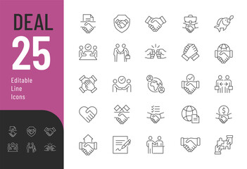 Deal Editable Icons set. Vector illustration in modern thin line style of business related icons: handshake, agreement, document, and more. Pictograms and infographics for mobile apps.