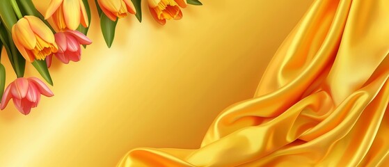 Wall Mural - A yellow background with a floral border and a bunch of yellow tulips. Floral and silk background. Perfect for product design and presentation.