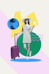 Poster - Collage artwork image of attractive beautiful cheerful woman departure abroad isolated on painted background