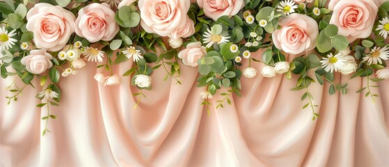 Canvas Print - A floral arrangement of pink roses. Floral and silk background. Perfect for product design and presentation.