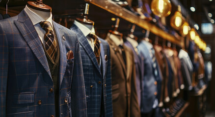 Poster - luxury men's suits in the store, with mannequins wearing neckties and blouses