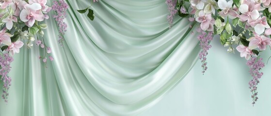 Wall Mural - A green curtain with pink flowers on it. Floral and silk background. Perfect for product design and presentation.