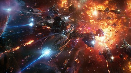 Wall Mural - Space Battle with Starships and Lasers